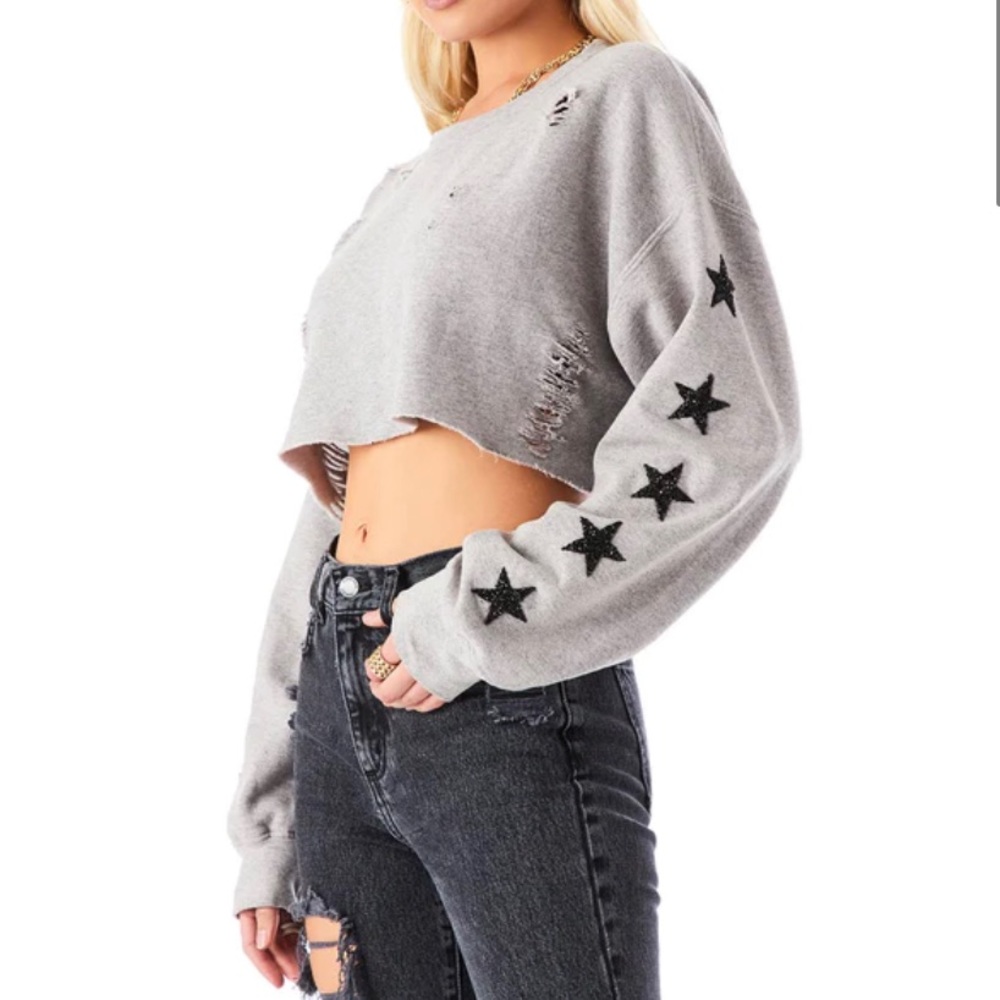 Crop Black Star Patch Ripped Sweatshirt - image 4